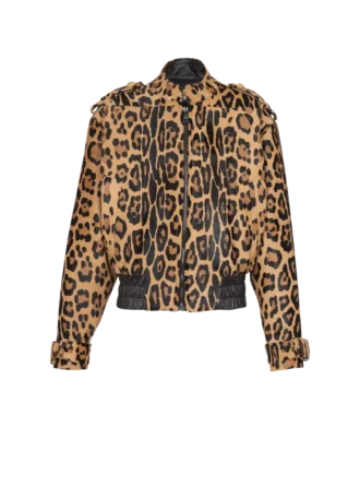 Blouson aviateur en cuir façon poney à motif léopard Blouson aviateur en cuir façon poney à motif léopard
