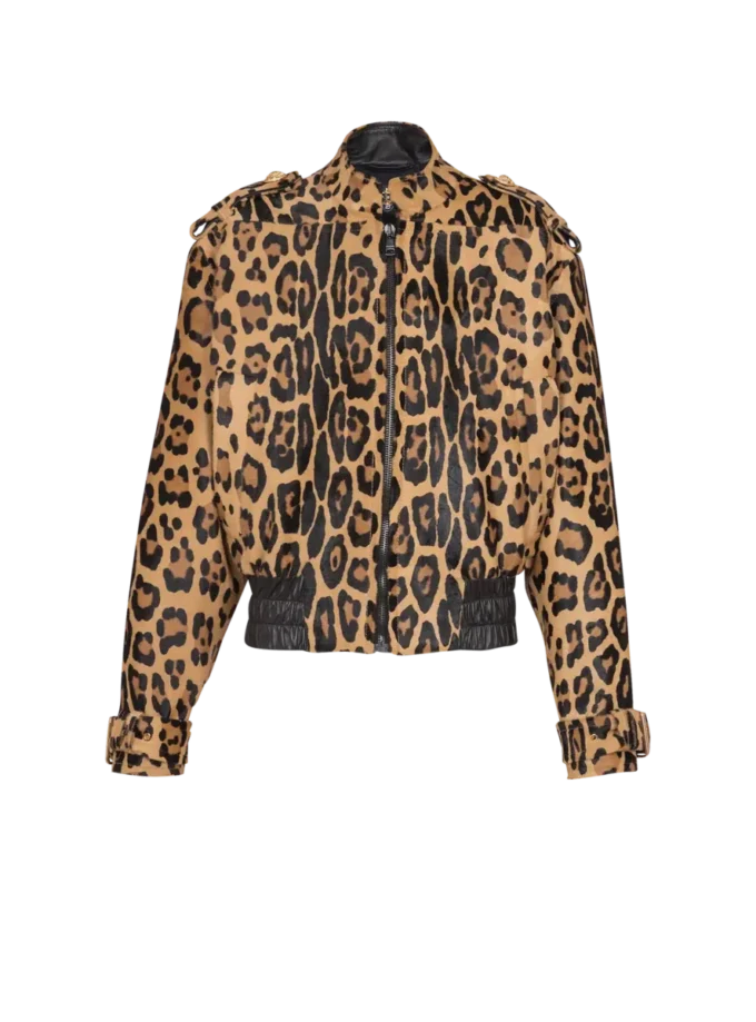 Blouson aviateur en cuir façon poney à motif léopard Blouson aviateur en cuir façon poney à motif léopard