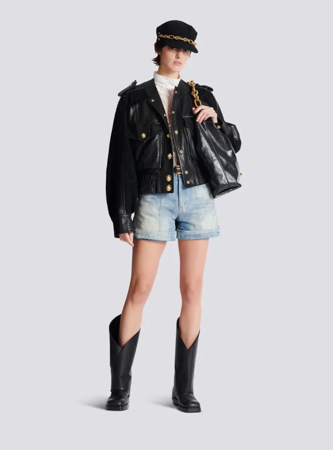 Blouson aviateur en tweed et cuir
