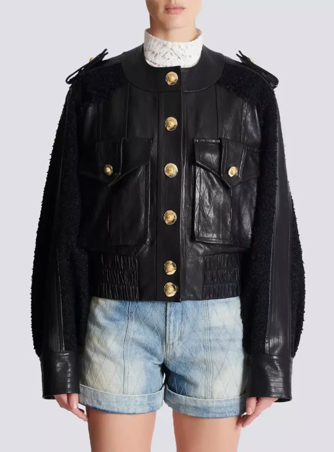 Blouson aviateur en tweed et cuir