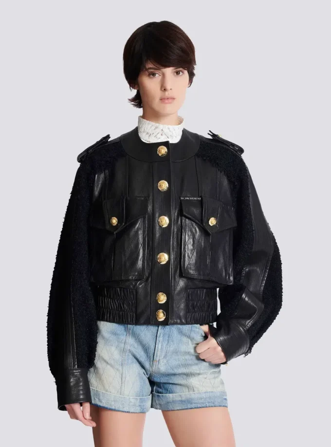 Blouson aviateur en tweed et cuir