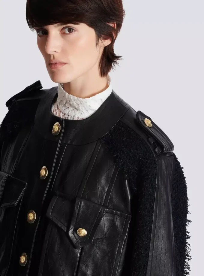 Blouson aviateur en tweed et cuir