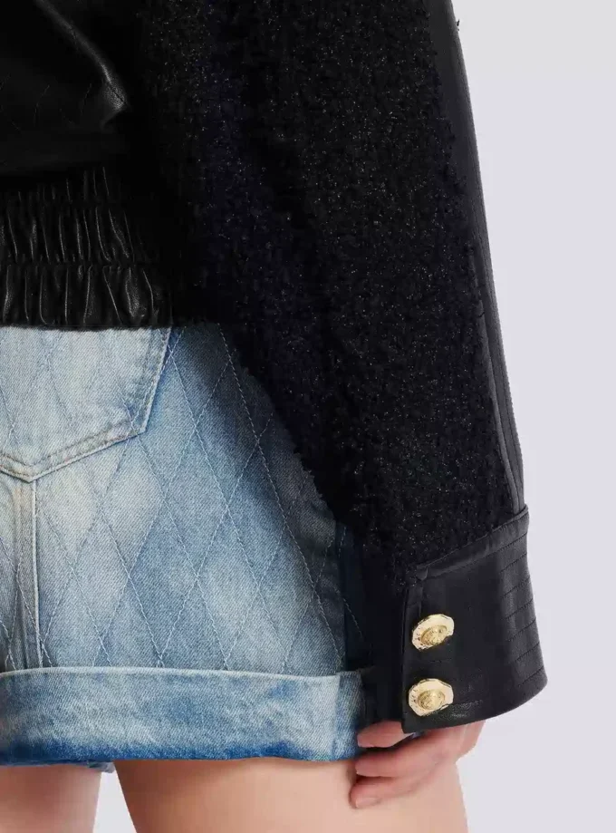 Blouson aviateur en tweed et cuir