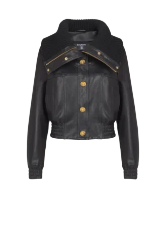 Blouson bomber en cuir d’agneau et maille Blouson bomber en cuir d’agneau et maille
