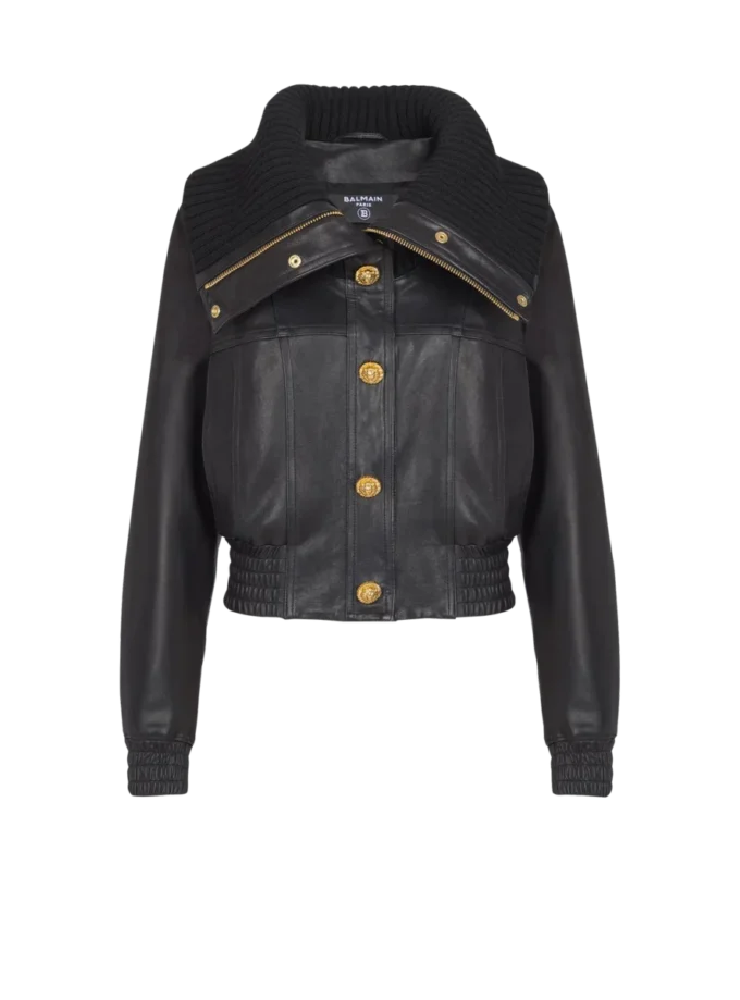 Blouson bomber en cuir d’agneau et maille Blouson bomber en cuir d’agneau et maille