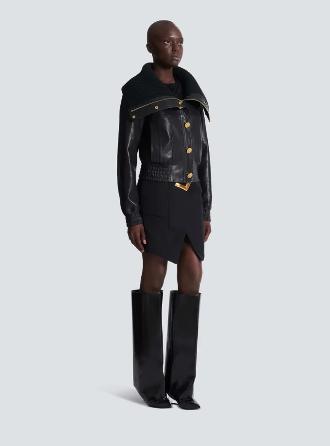 Blouson bomber en cuir d’agneau et maille Blouson bomber en cuir d’agneau et maille