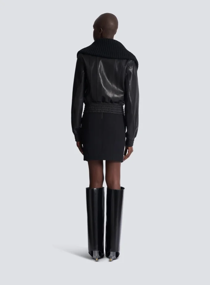 Blouson bomber en cuir d’agneau et maille Blouson bomber en cuir d’agneau et maille