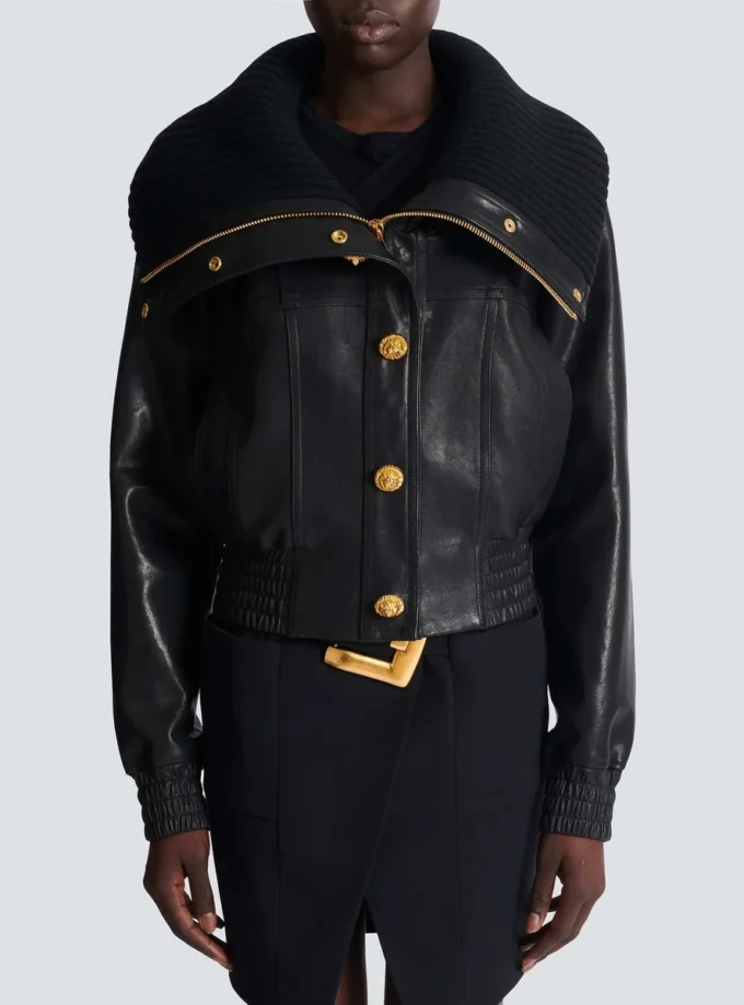 Blouson bomber en cuir d’agneau et maille Blouson bomber en cuir d’agneau et maille
