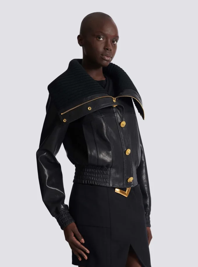 Blouson bomber en cuir d’agneau et maille Blouson bomber en cuir d’agneau et maille