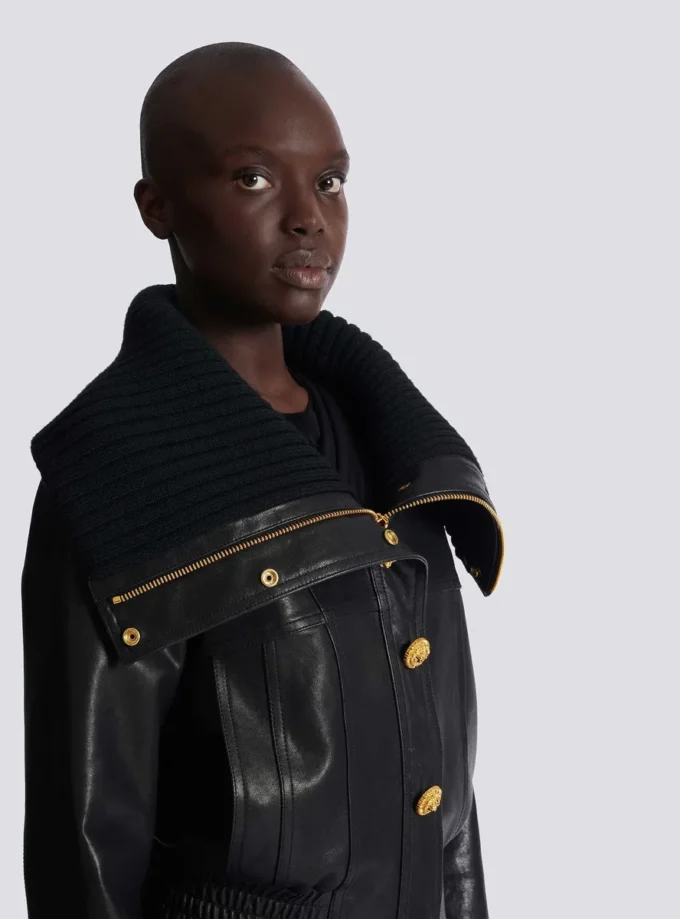 Blouson bomber en cuir d’agneau et maille Blouson bomber en cuir d’agneau et maille