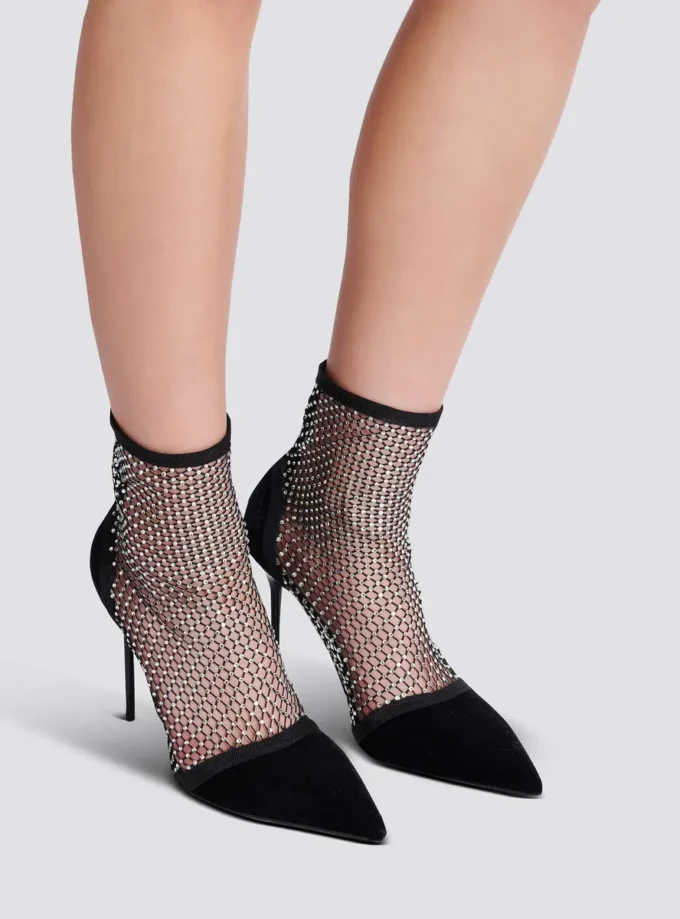 Bottines à talons en maille avec velours et strass Bottines à talons en maille avec velours et strass