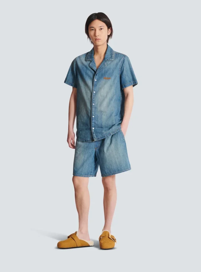 Chemise de pyjama à manches courtes en denim délavé Chemise de pyjama à manches courtes en denim délavé