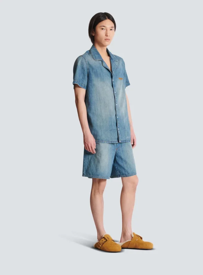 Chemise de pyjama à manches courtes en denim délavé Chemise de pyjama à manches courtes en denim délavé