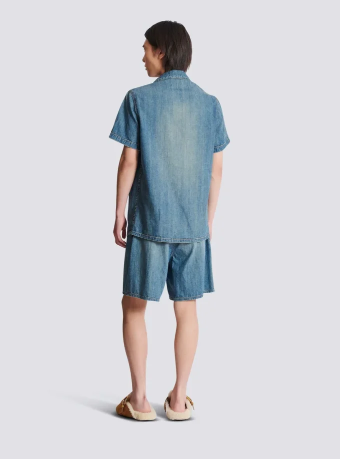 Chemise de pyjama à manches courtes en denim délavé Chemise de pyjama à manches courtes en denim délavé