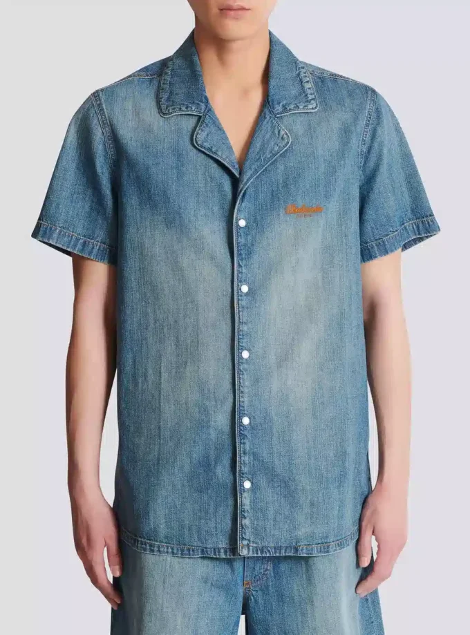 Chemise de pyjama à manches courtes en denim délavé Chemise de pyjama à manches courtes en denim délavé