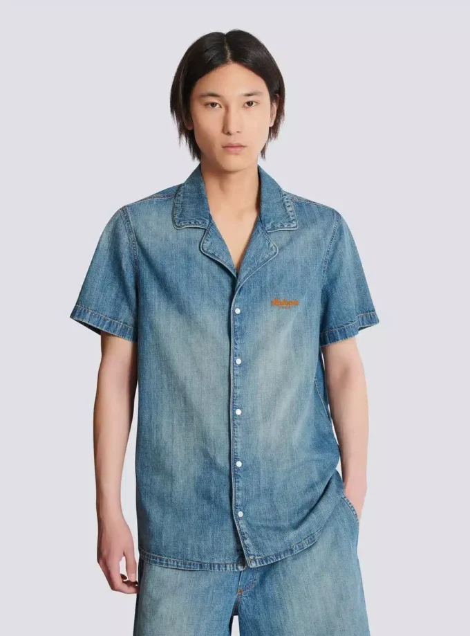 Chemise de pyjama à manches courtes en denim délavé Chemise de pyjama à manches courtes en denim délavé