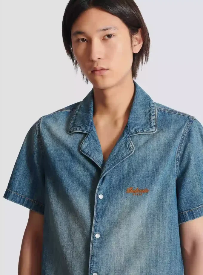 Chemise de pyjama à manches courtes en denim délavé Chemise de pyjama à manches courtes en denim délavé