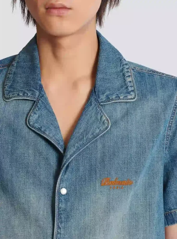 Chemise de pyjama à manches courtes en denim délavé Chemise de pyjama à manches courtes en denim délavé