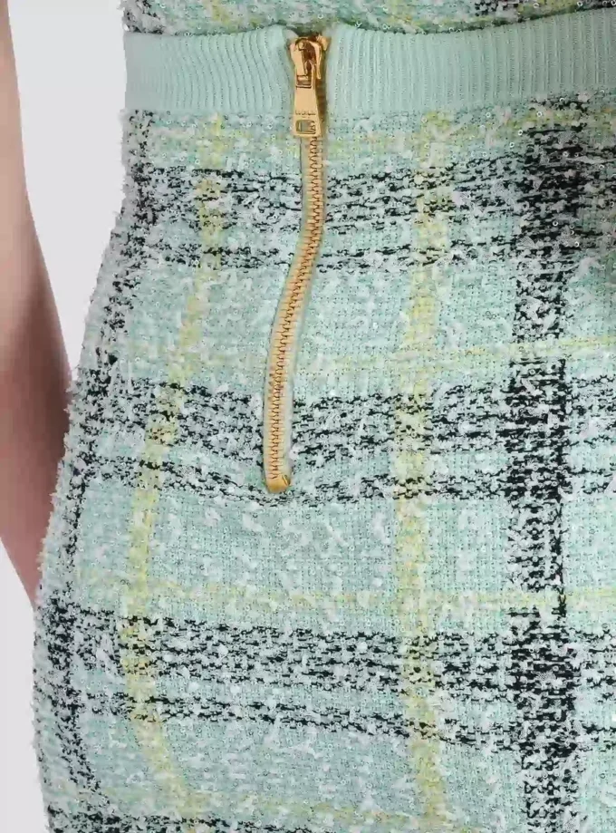 Jupe courte en tweed à carreaux pailleté Jupe courte en tweed à carreaux pailleté