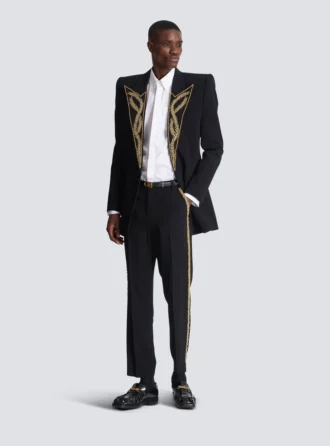 Pantalon droit en crêpe brodé