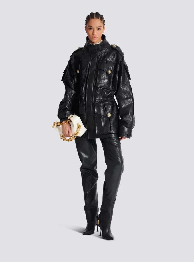 Parka en cuir d’agneau avec motif losange surpiqué Parka en cuir d’agneau avec motif losange surpiqué