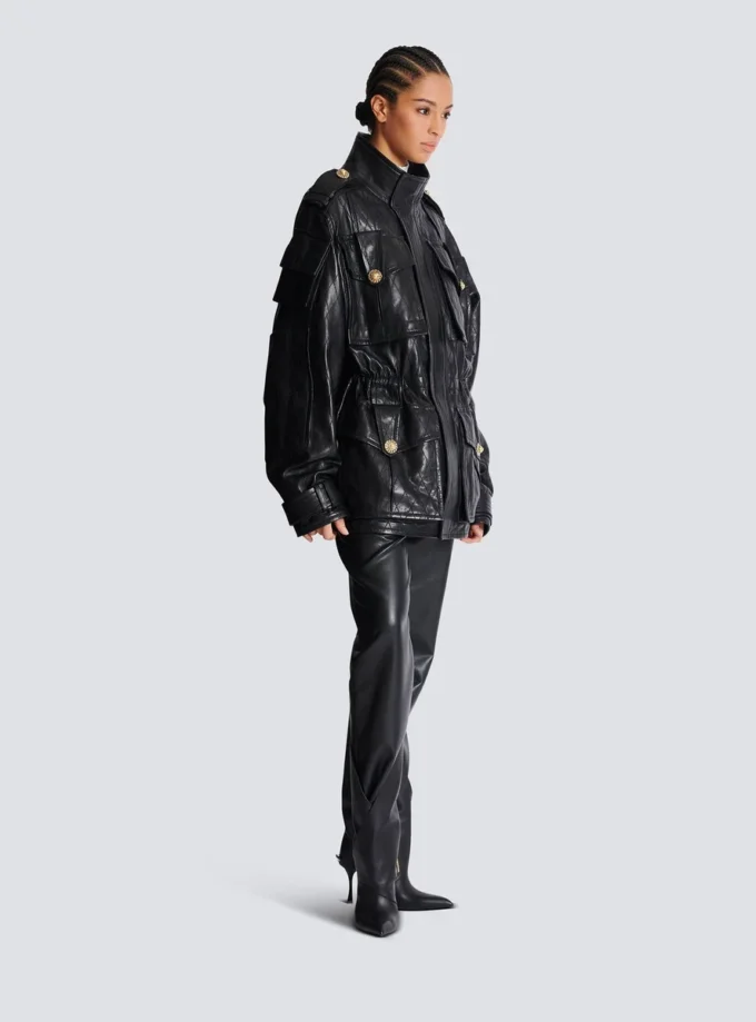 Parka en cuir d’agneau avec motif losange surpiqué Parka en cuir d’agneau avec motif losange surpiqué