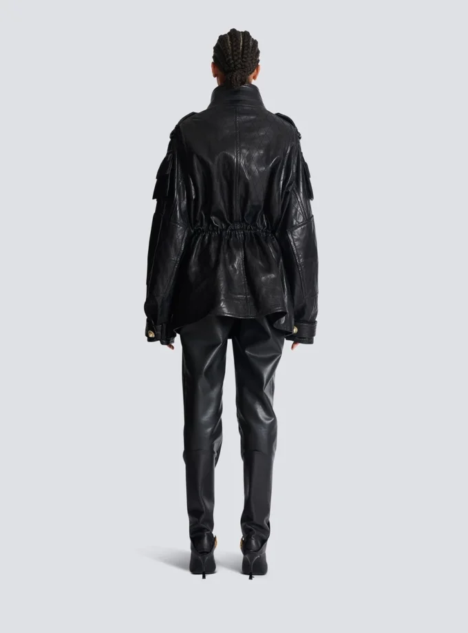 Parka en cuir d’agneau avec motif losange surpiqué Parka en cuir d’agneau avec motif losange surpiqué