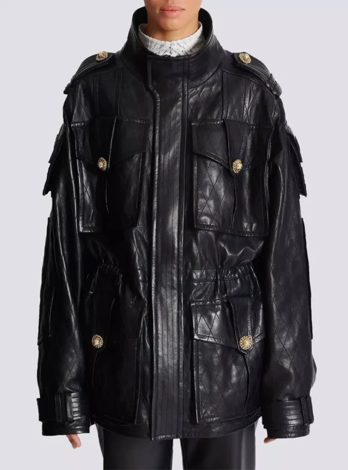 Parka en cuir d’agneau avec motif losange surpiqué Parka en cuir d’agneau avec motif losange surpiqué