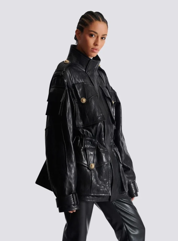 Parka en cuir d’agneau avec motif losange surpiqué Parka en cuir d’agneau avec motif losange surpiqué