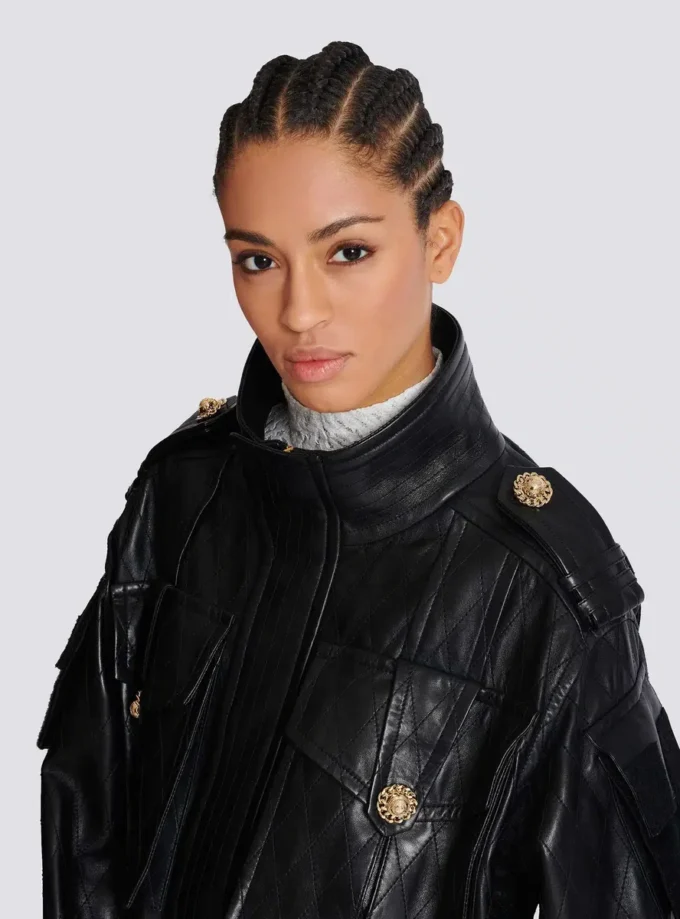 Parka en cuir d’agneau avec motif losange surpiqué Parka en cuir d’agneau avec motif losange surpiqué