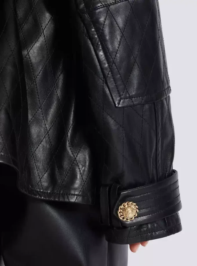 Parka en cuir d’agneau avec motif losange surpiqué Parka en cuir d’agneau avec motif losange surpiqué