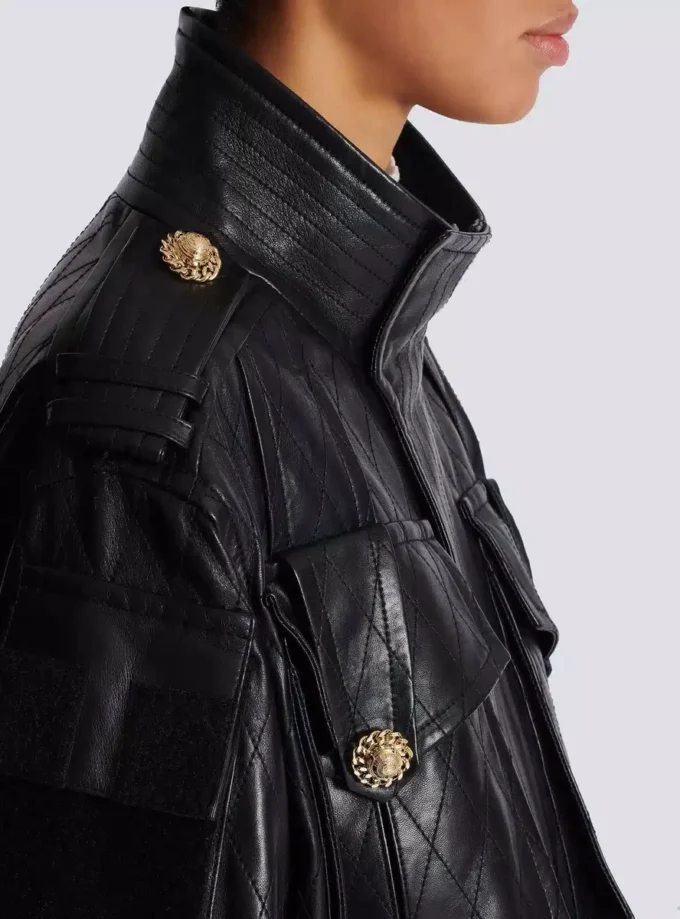 Parka en cuir d’agneau avec motif losange surpiqué Parka en cuir d’agneau avec motif losange surpiqué