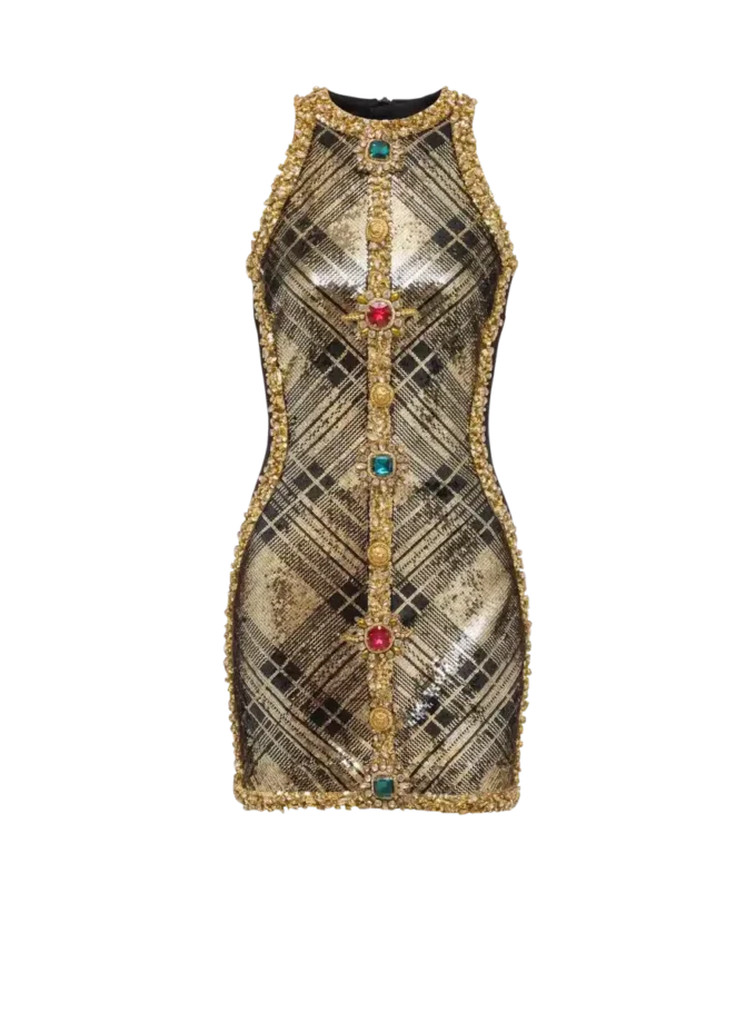 Robe courte sans manches à broderies écossaises Robe courte sans manches à broderies écossaises