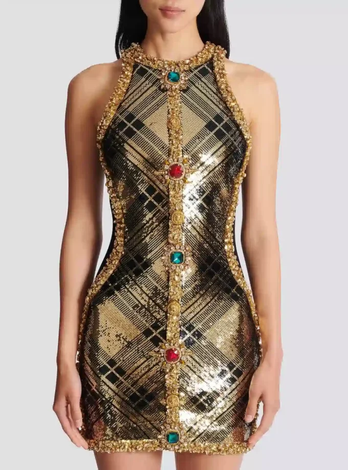 Robe courte sans manches à broderies écossaises Robe courte sans manches à broderies écossaises