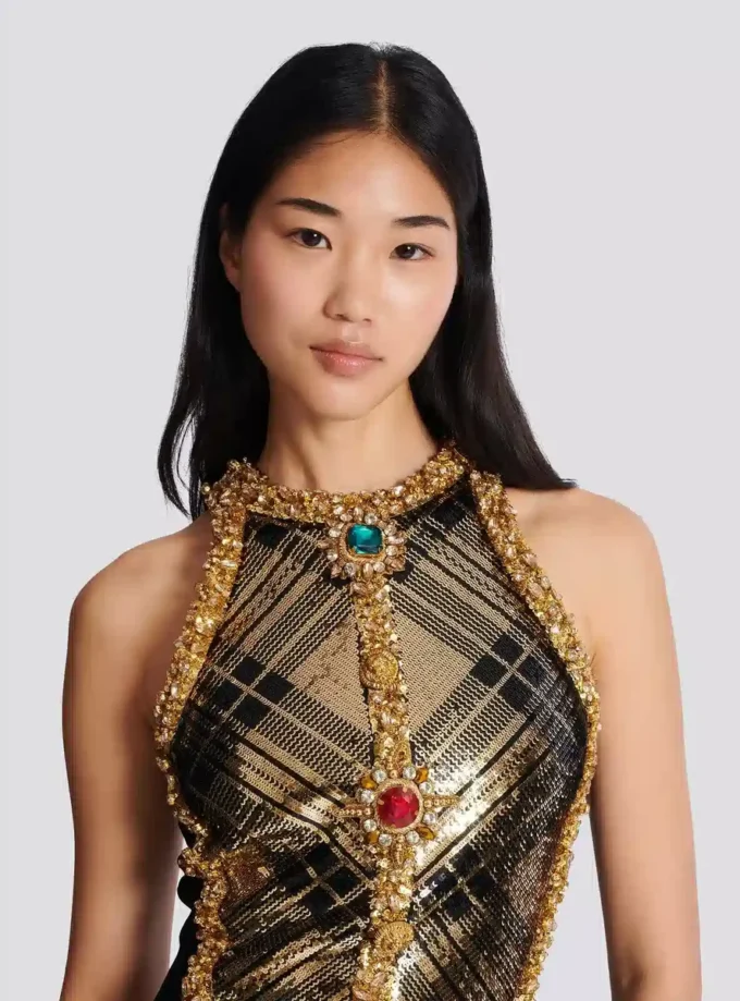 Robe courte sans manches à broderies écossaises Robe courte sans manches à broderies écossaises