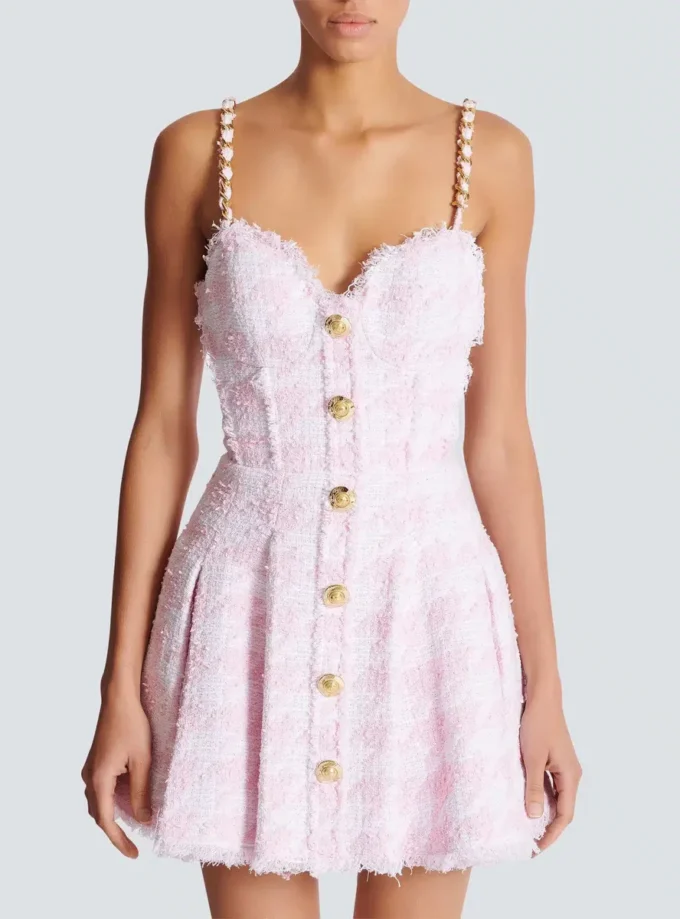 Robe trapèze à bretelles en tweed pied-de-poule