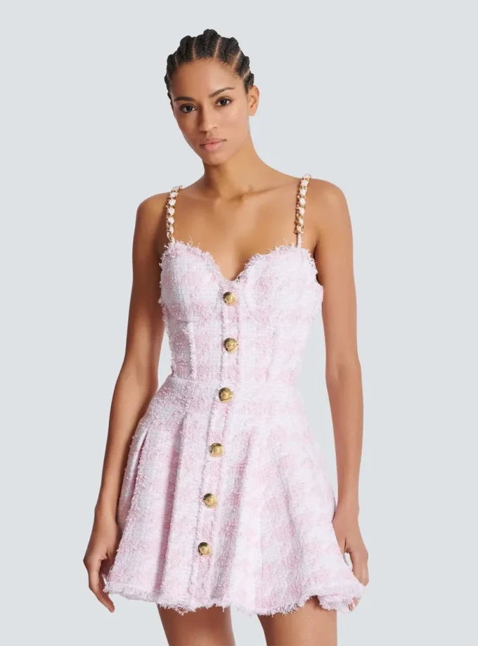 Robe trapèze à bretelles en tweed pied-de-poule