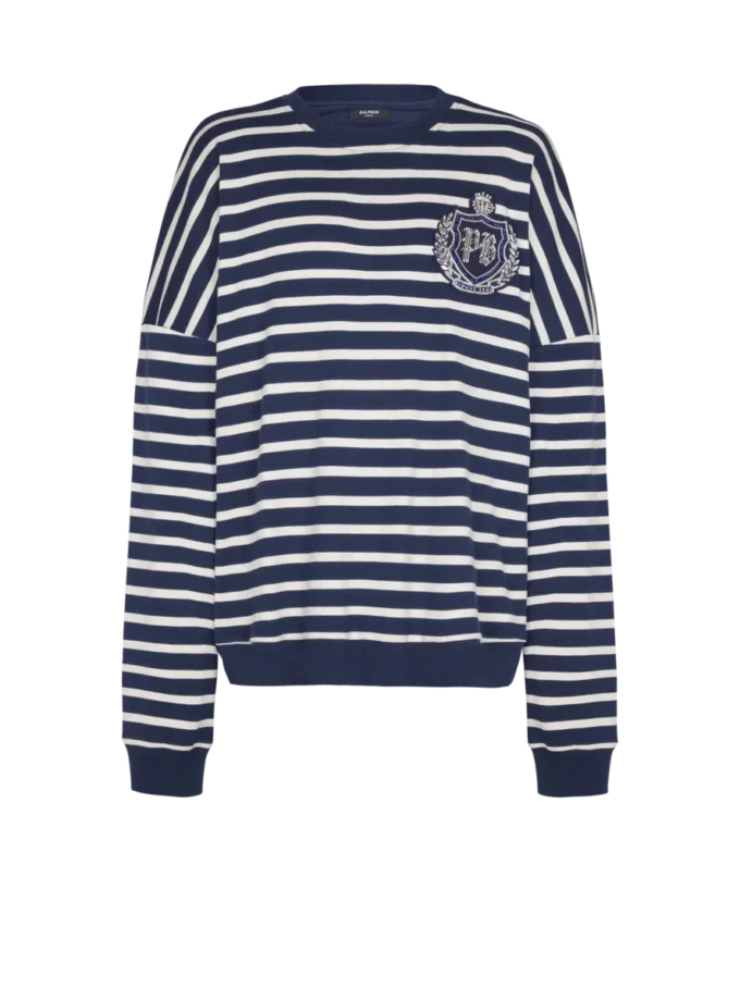 Sweat-shirt en coton avec emblème universitaire et rayures bretonnes Sweat-shirt en coton avec emblème universitaire et rayures bretonnes