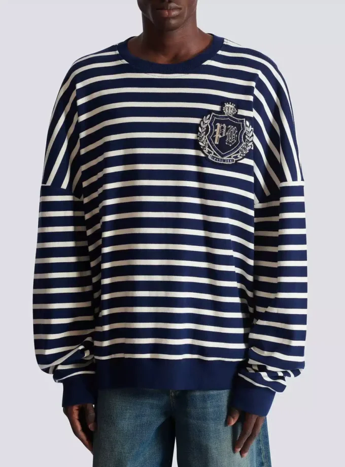 Sweat-shirt en coton avec emblème universitaire et rayures bretonnes Sweat-shirt en coton avec emblème universitaire et rayures bretonnes