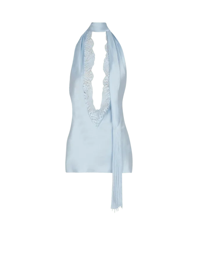 Top en satin à franges et dos nu Top en satin à franges et dos nu