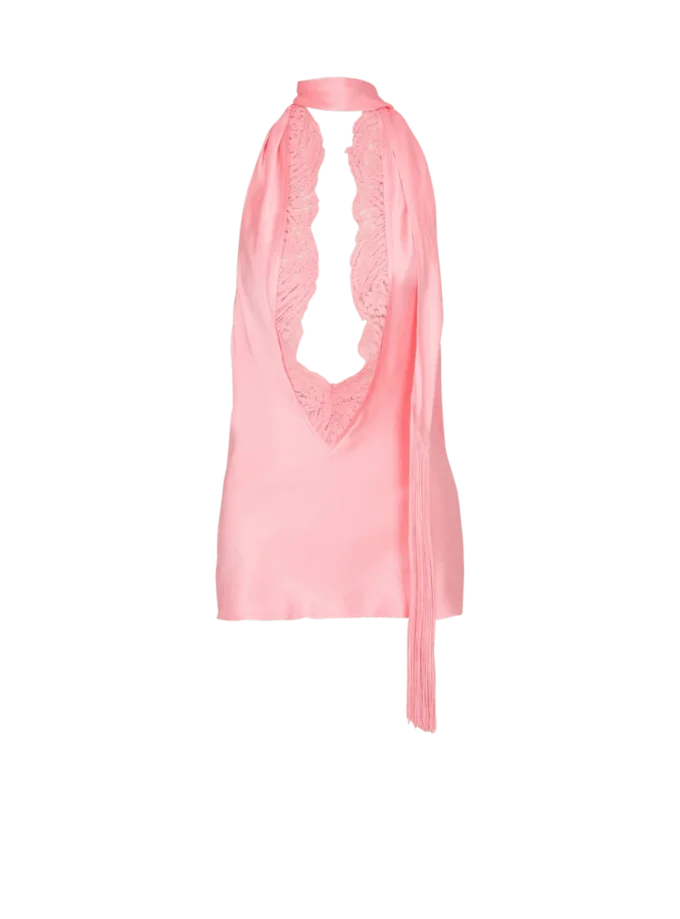 Top en satin à franges et dos nu Top en satin à franges et dos nu