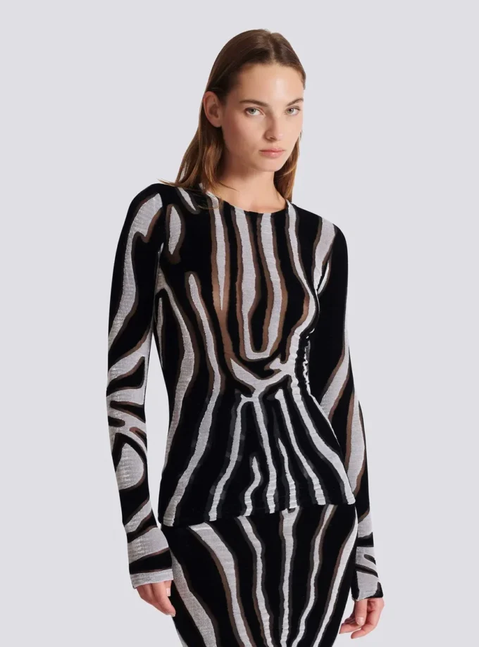 Top moulant en velours imprimé zèbre