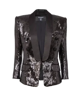 Veste ajustée en satin pailleté à col en V Veste ajustée en satin pailleté à col en V