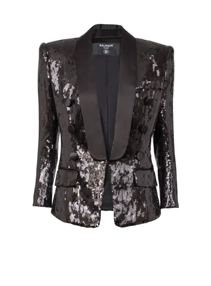 Veste ajustée en satin pailleté à col en V Veste ajustée en satin pailleté à col en V