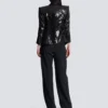 Veste ajustée en satin pailleté à col en V Veste ajustée en satin pailleté à col en V