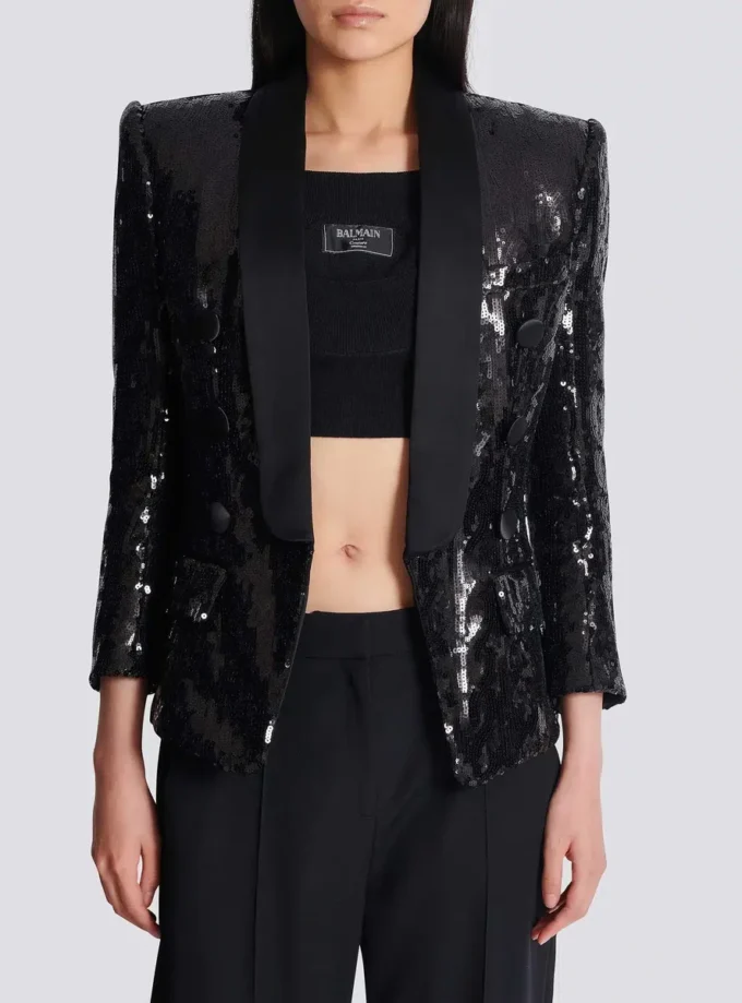 Veste ajustée en satin pailleté à col en V Veste ajustée en satin pailleté à col en V