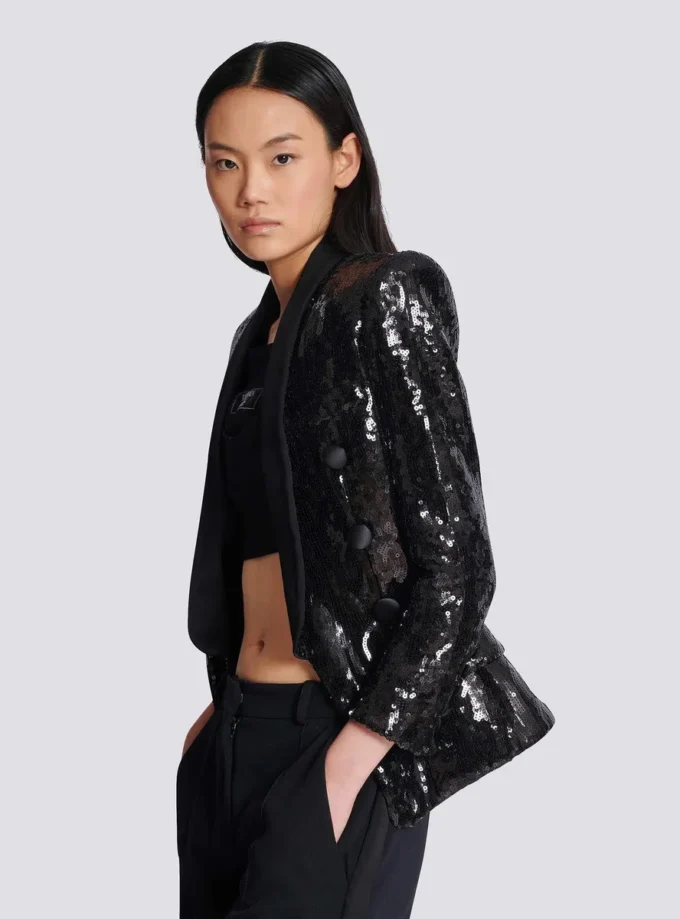 Veste ajustée en satin pailleté à col en V Veste ajustée en satin pailleté à col en V
