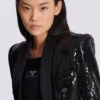 Veste ajustée en satin pailleté à col en V Veste ajustée en satin pailleté à col en V