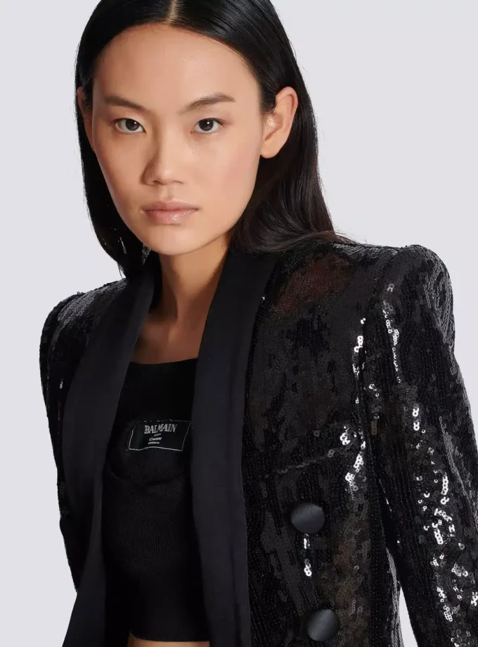 Veste ajustée en satin pailleté à col en V Veste ajustée en satin pailleté à col en V