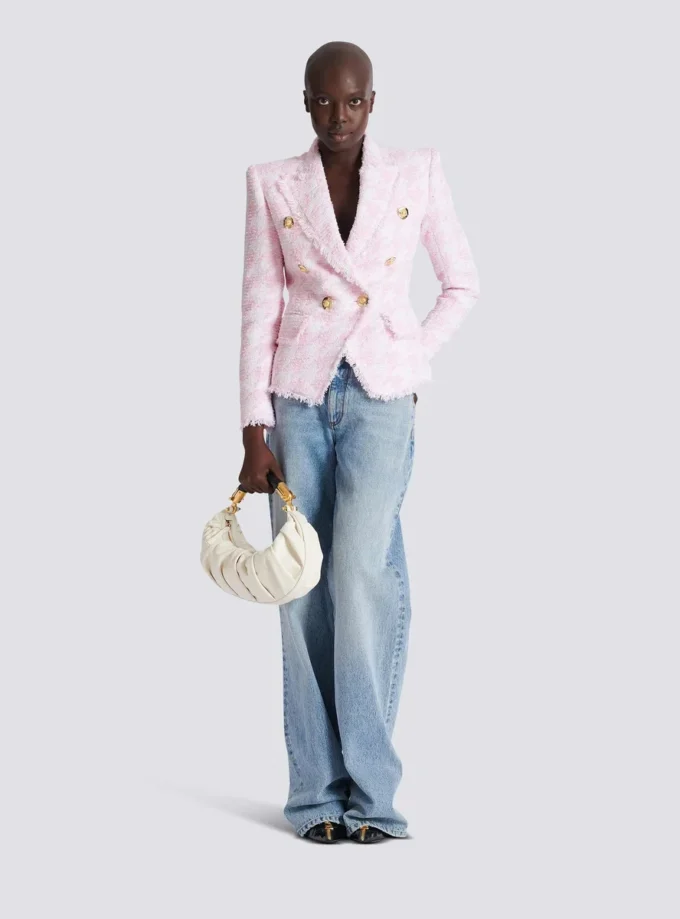Veste ajustée en tweed pied-de-poule à 6 boutons